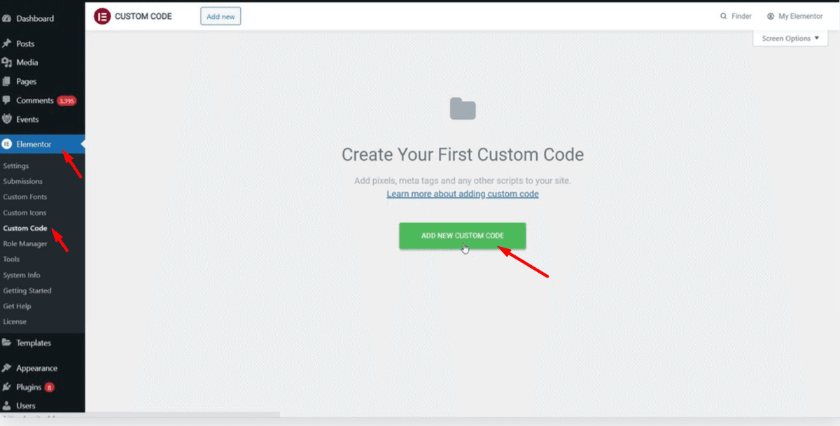 Screenshot of how to add a new custom code