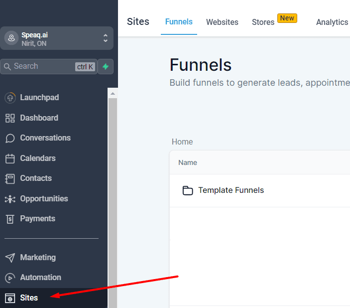 Screenshot showing how to navigate to sites on the dashboard