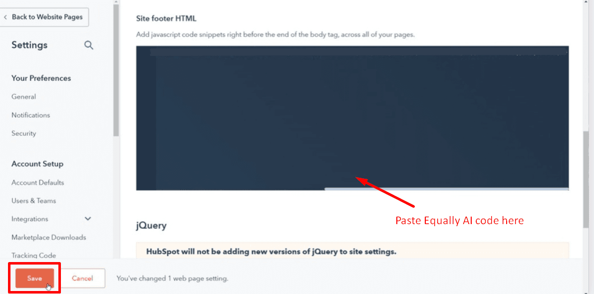 Screenshot showing where to paste the embed code