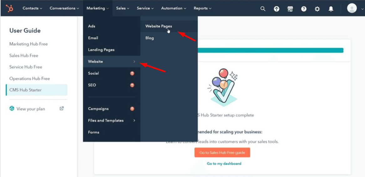 Screenshot showing how to navigate to website pages