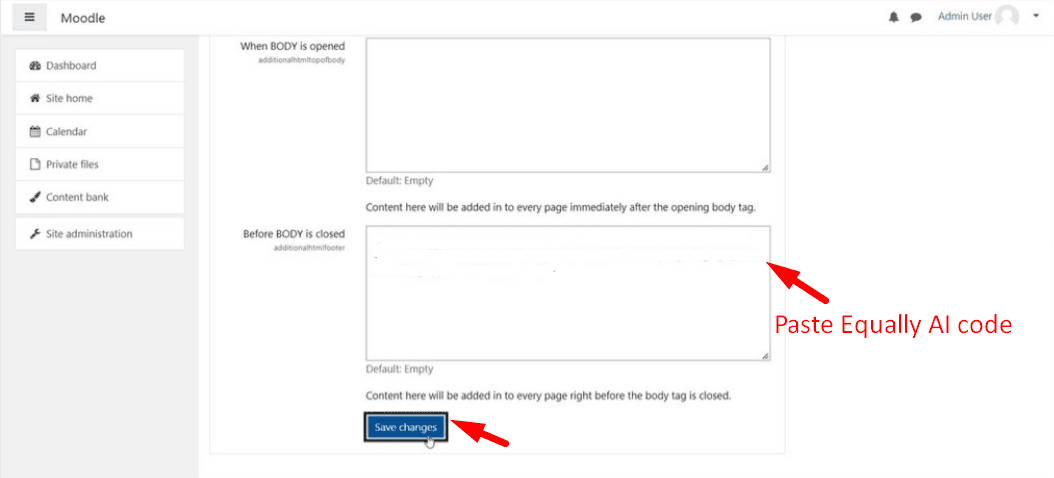 Screenshot of moodle dashboard showing where to paste the code