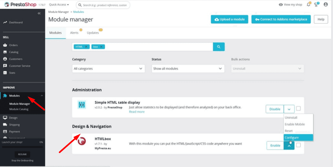 Screenshot of Prestashop dashboard showing how to locate the footer