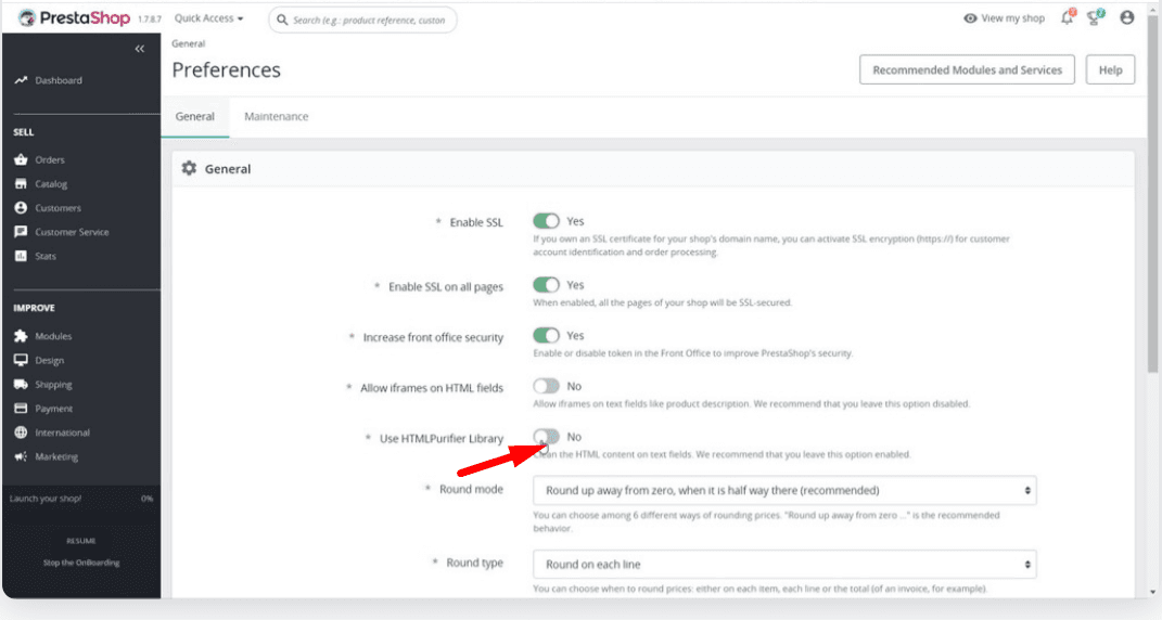 Screenshot of Prestashop dashboard showing how to turn off the Use HTMLPurifier Library