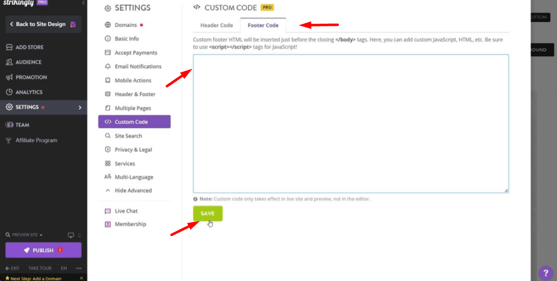 Screenshot of how to paste and save the embed code