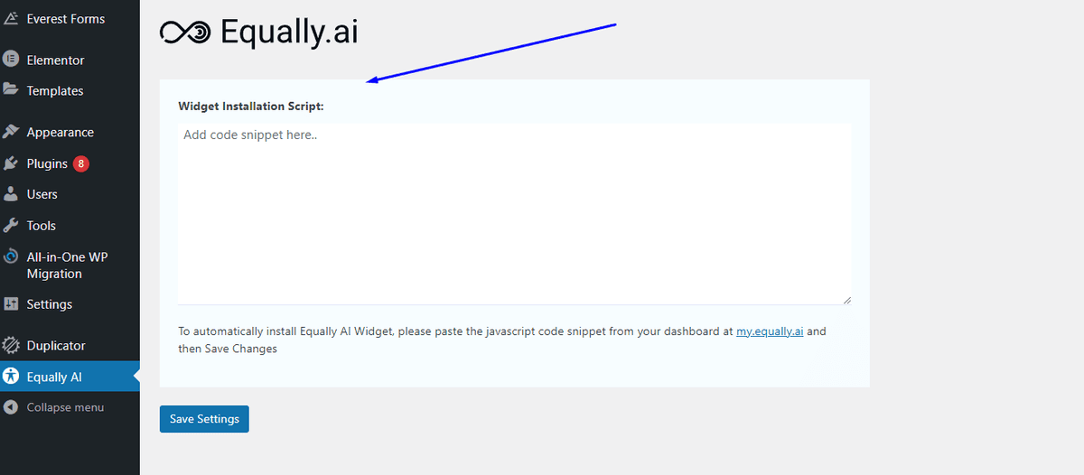 Embeding javascript code in EquallyAI widget plugin