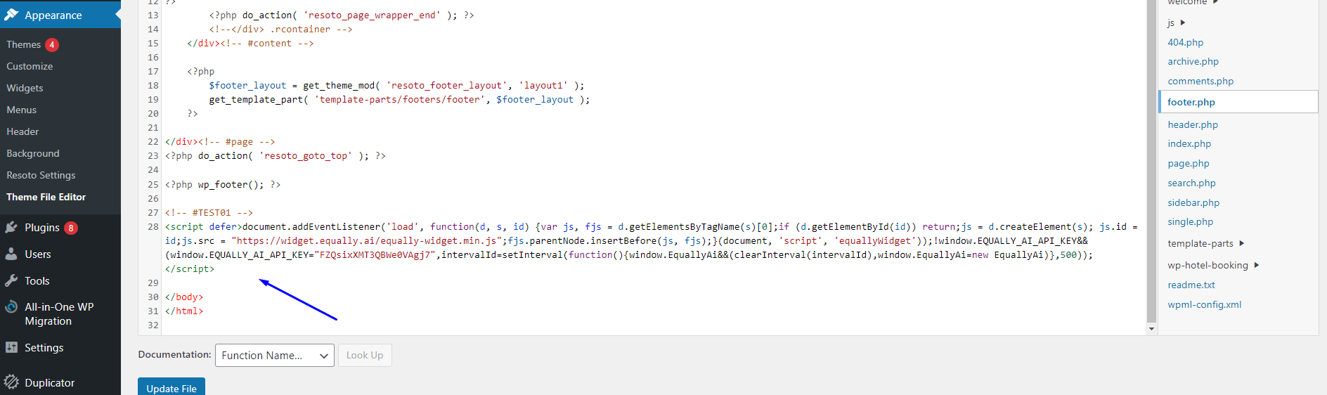 Pasting the javascript code in footer.php on the sidebar
